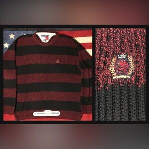 Vintage 90s TOMMY HILFIGER STRIPE CHUNKY Black Red Crew Knit Sweater XL Rlpc rlx